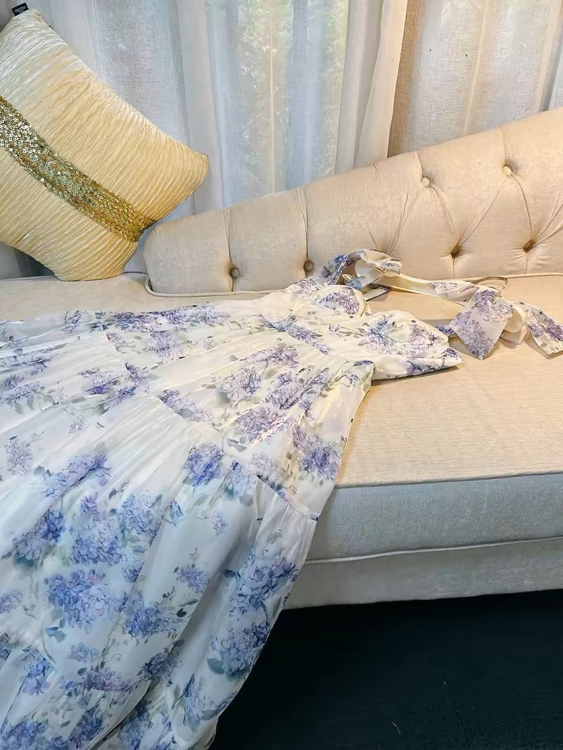 Sexy A Line Straps Sleeveless Floral Lilac Long Prom Dresses
