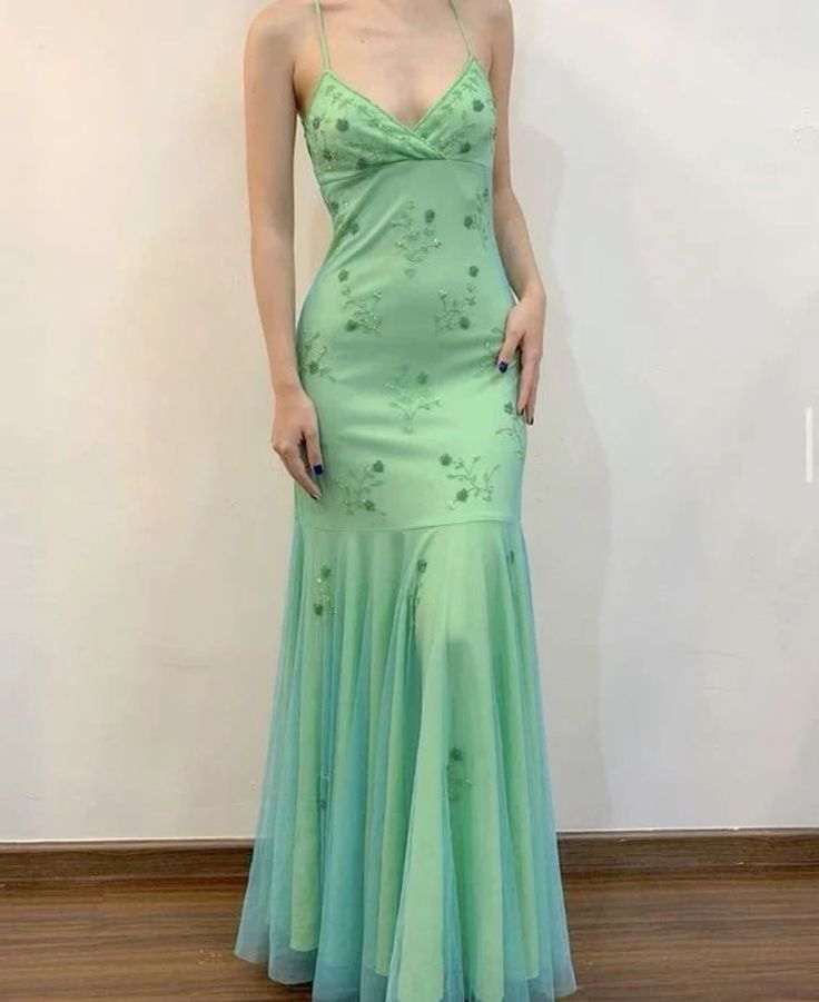 Classy Mermaid Beaded Spaghetti Straps Mint Green Long Prom Dress Evening Dress - VelvetHem