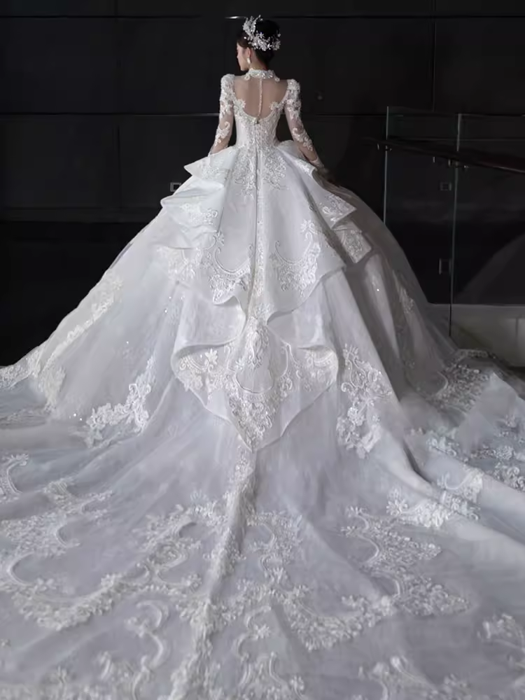 Elegant Ball Gown High neckline Long Sleeves Satin Wedding Dresses