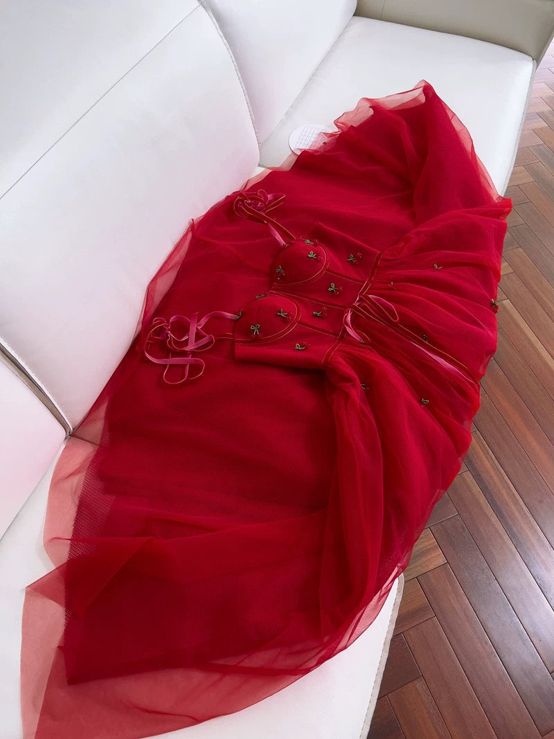 Elegant A line Spaghetti Straps Red Slim Fit Tulle Prom Dress Evening Dresses - View 2 | VelvetHem