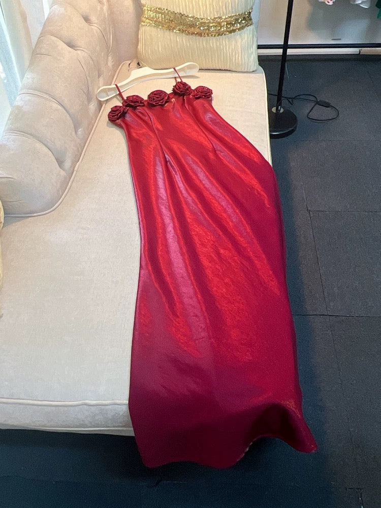 Elegant A line Spaghetti Straps Red Slim Fit Satin Prom Dress Evening Dresses - View 2 | VelvetHem