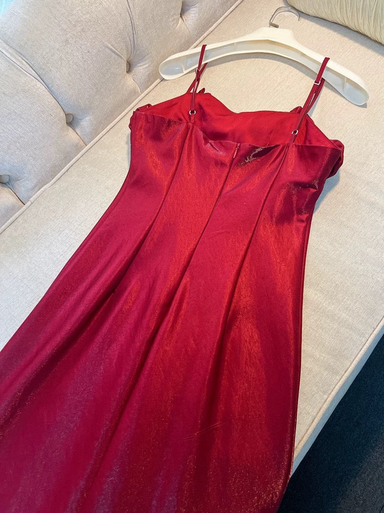 Elegant A line Spaghetti Straps Red Slim Fit Satin Prom Dress Evening Dresses - View 3 | VelvetHem