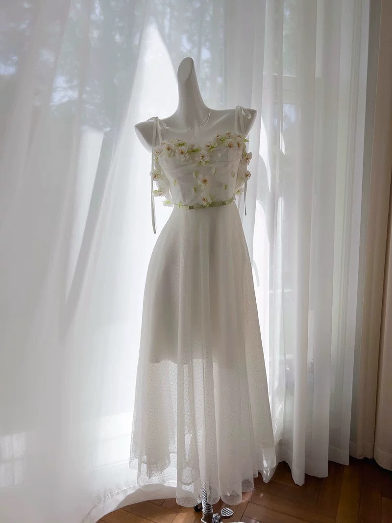 Modest A line Spaghetti Straps White Tulle Ankle Length Prom Dress Formal Dresses