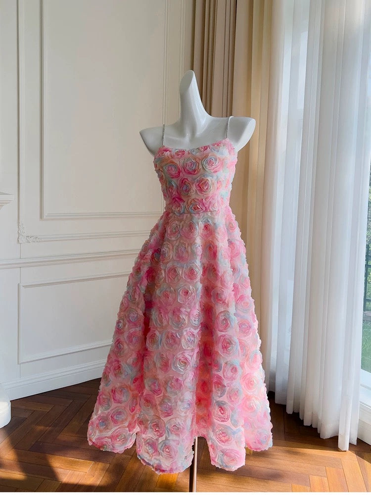 Modest A line Spaghetti Straps Pink Floral Prom Dress Formal Dresses