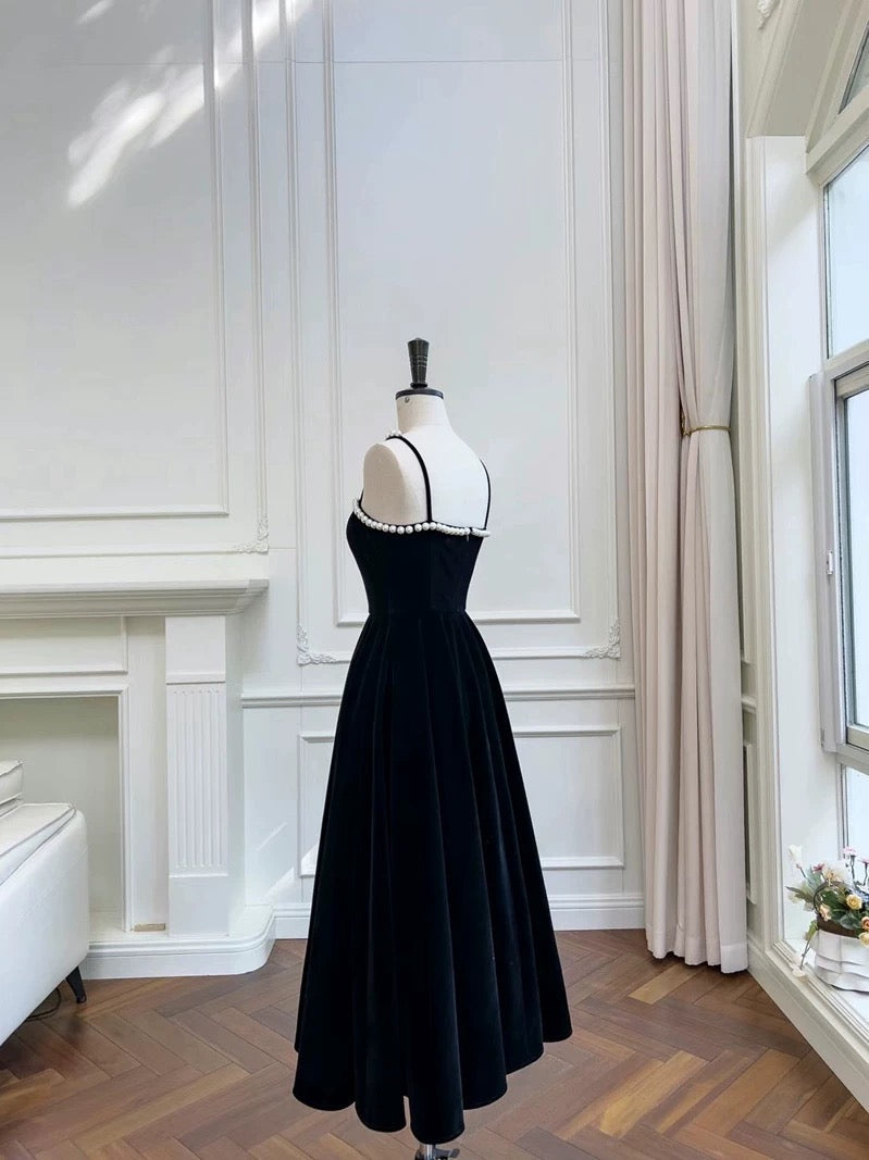 Modest A line Spaghetti Straps Black Velvet Pearls Prom Dress Formal Dresses - View 2 | VelvetHem
