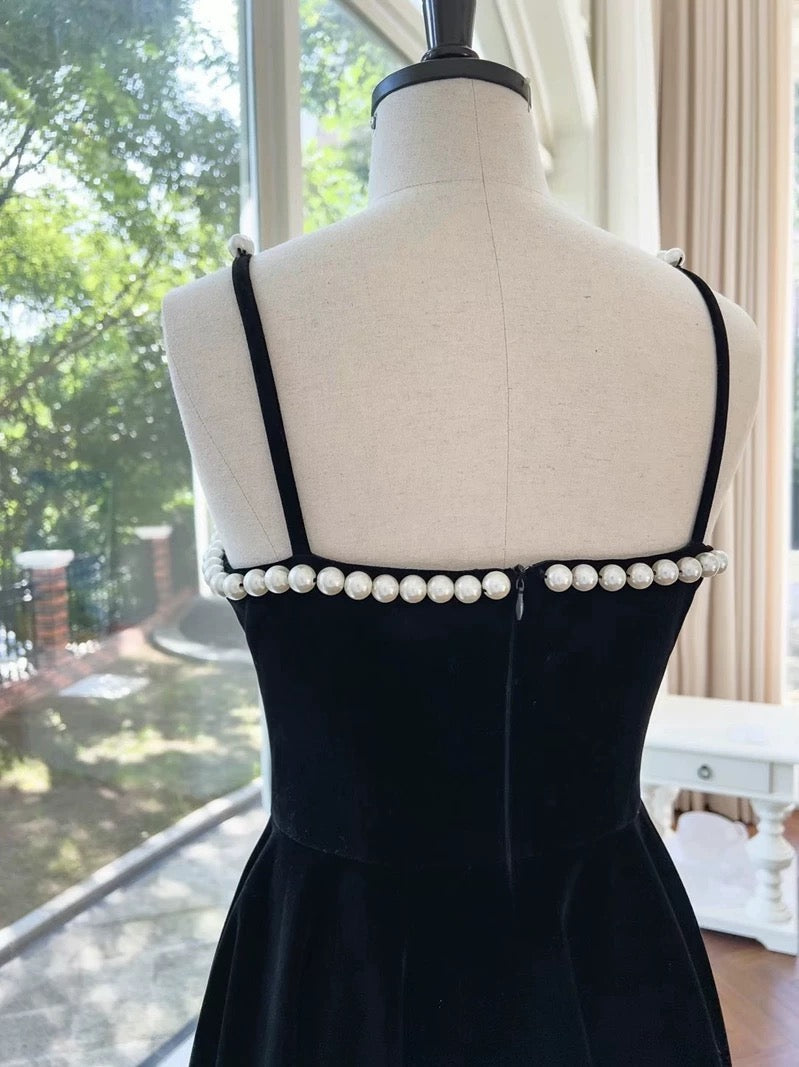 Modest A line Spaghetti Straps Black Velvet Pearls Prom Dress Formal Dresses - View 4 | VelvetHem