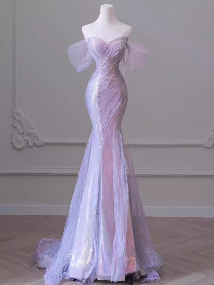 Sexy Mermaid Off The Shoulder Lilac Long Prom Dresses Tulle Birthday Outfits
