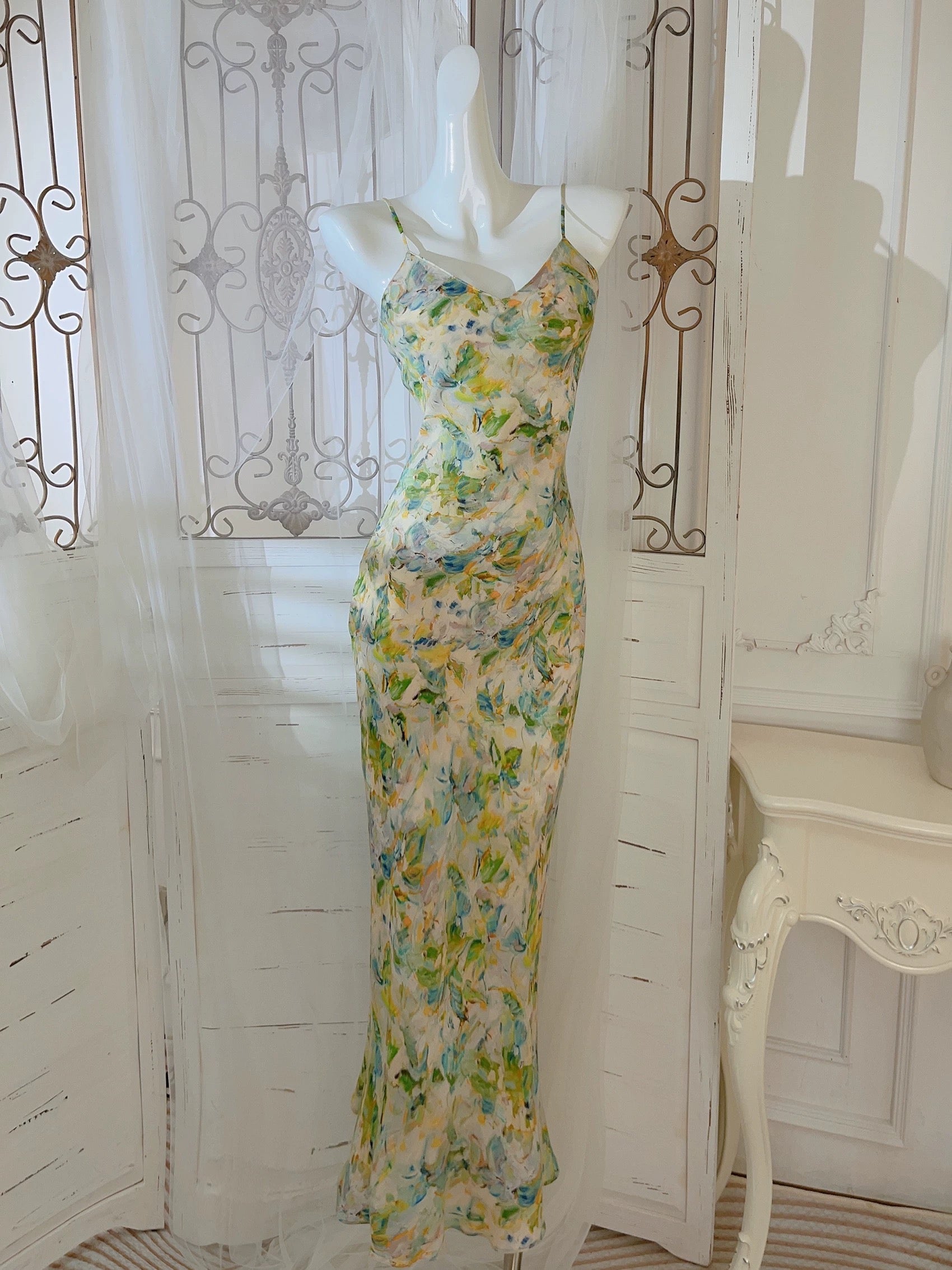 Modest Sheath Spaghetti Straps Green Floral Long Prom Dresses Evening Dress