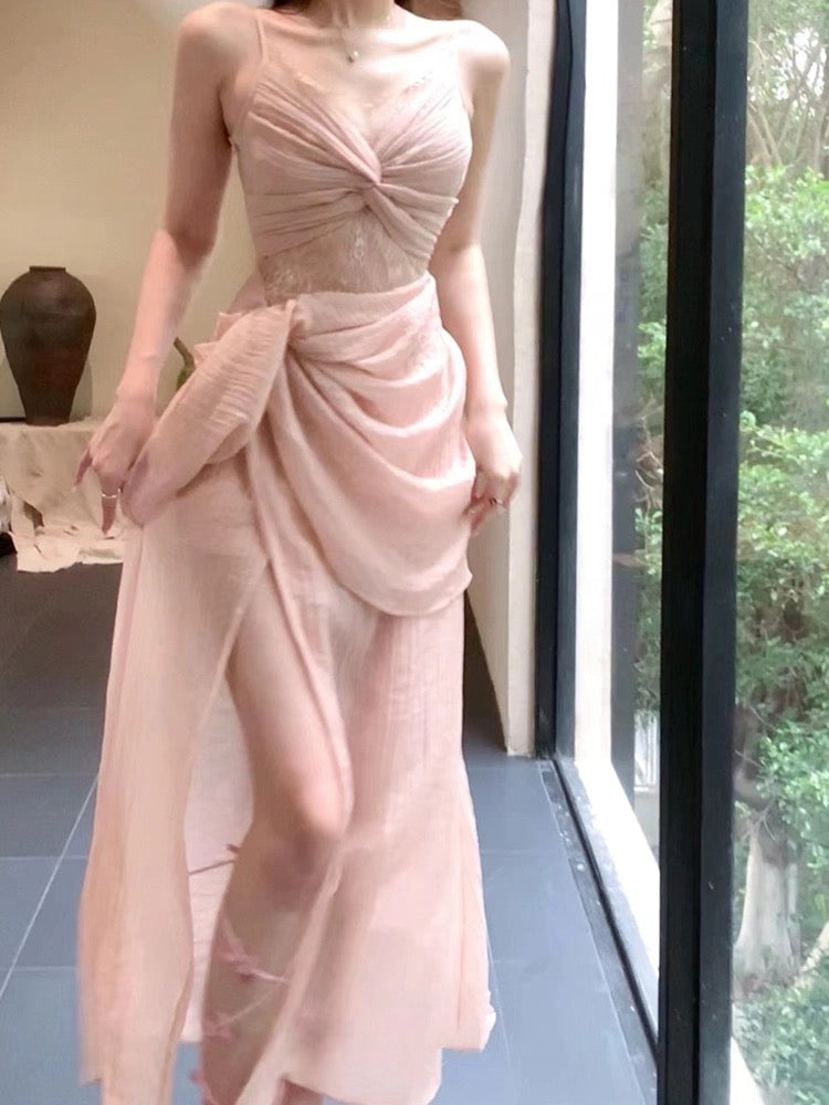 Pretty Sheath Spaghetti Straps Pink Prom Dresses Slit Evening Dress With Lace