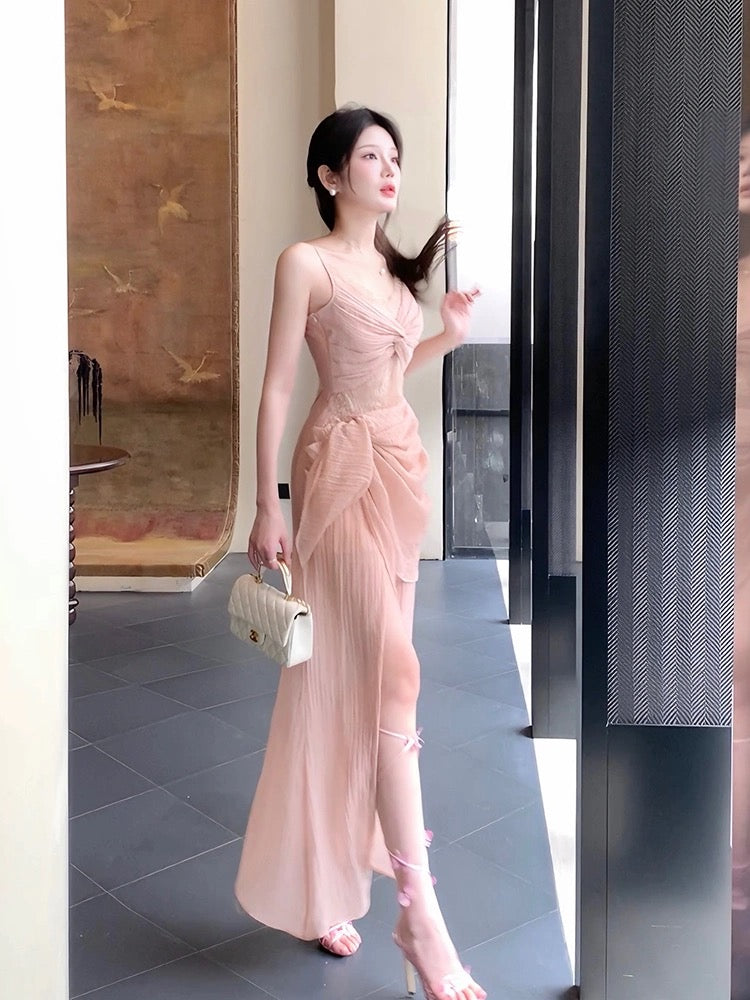 Pretty Sheath Spaghetti Straps Pink Prom Dresses Slit Evening Dress With Lace - View 3 | VelvetHem