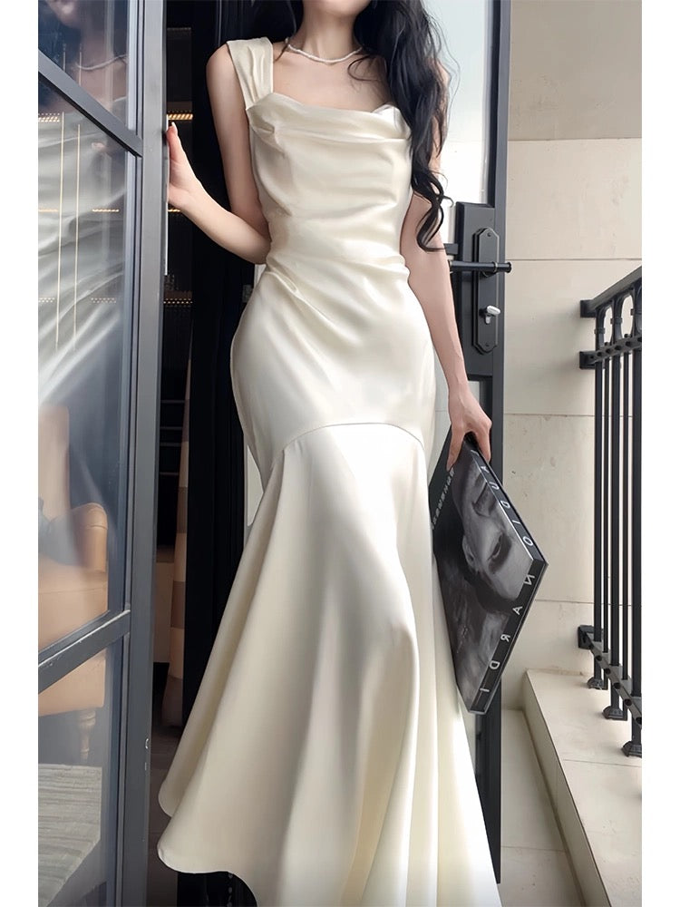 Pretty Mermaid Straps Ivory Silk Satin Long Prom Dresses