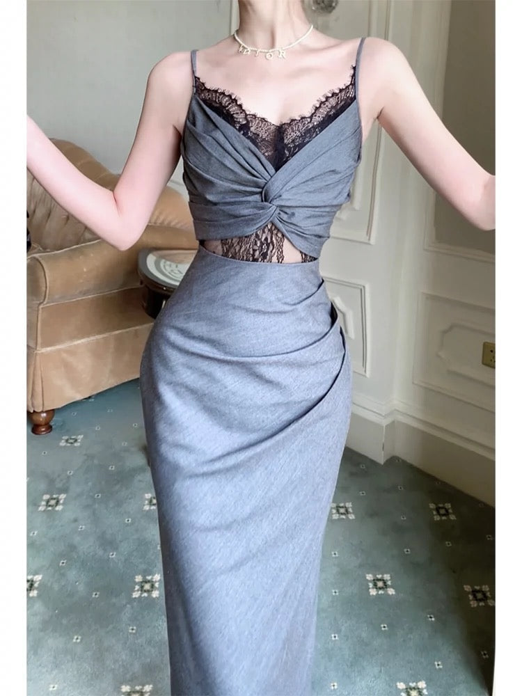 Sexy Sheath Spaghetti Straps Gray Long Length Prom Dresses Evening Dress - View 3 | VelvetHem