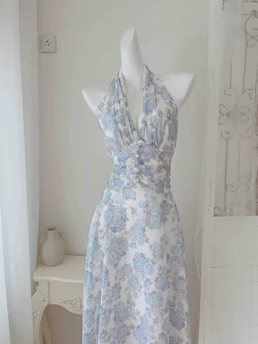 French A line Halter Lilac Floral Long Chiffon Prom Dresses Evening Dress - View 5 | VelvetHem