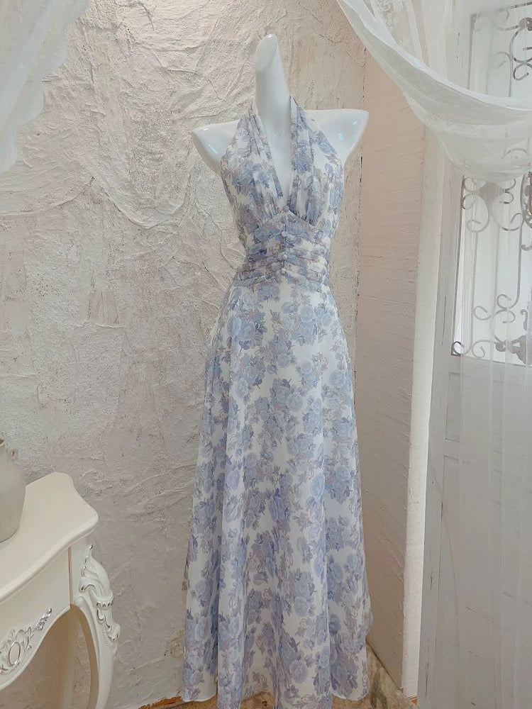 French A line Halter Lilac Floral Long Chiffon Prom Dresses Evening Dress - View 3 | VelvetHem