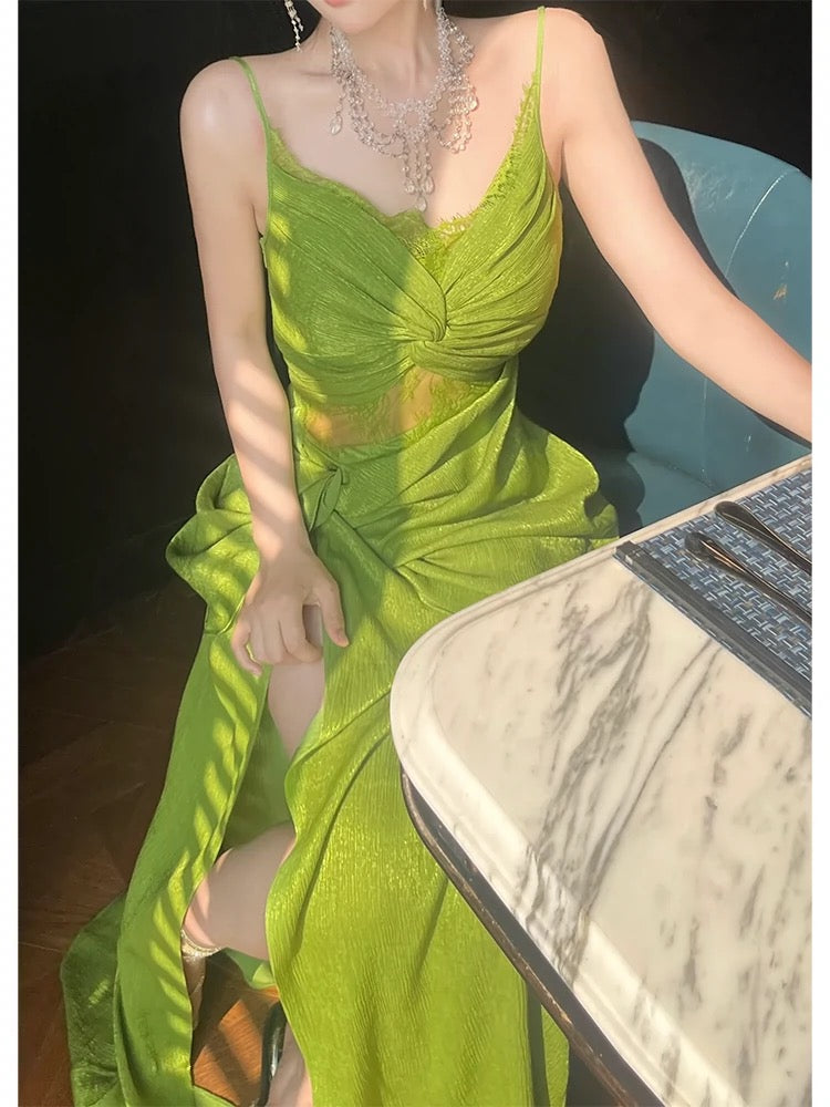 Vintage Sheath Spaghetti Straps Sleeveless Green Slit Prom Dresses Evening Dress - View 2 | VelvetHem