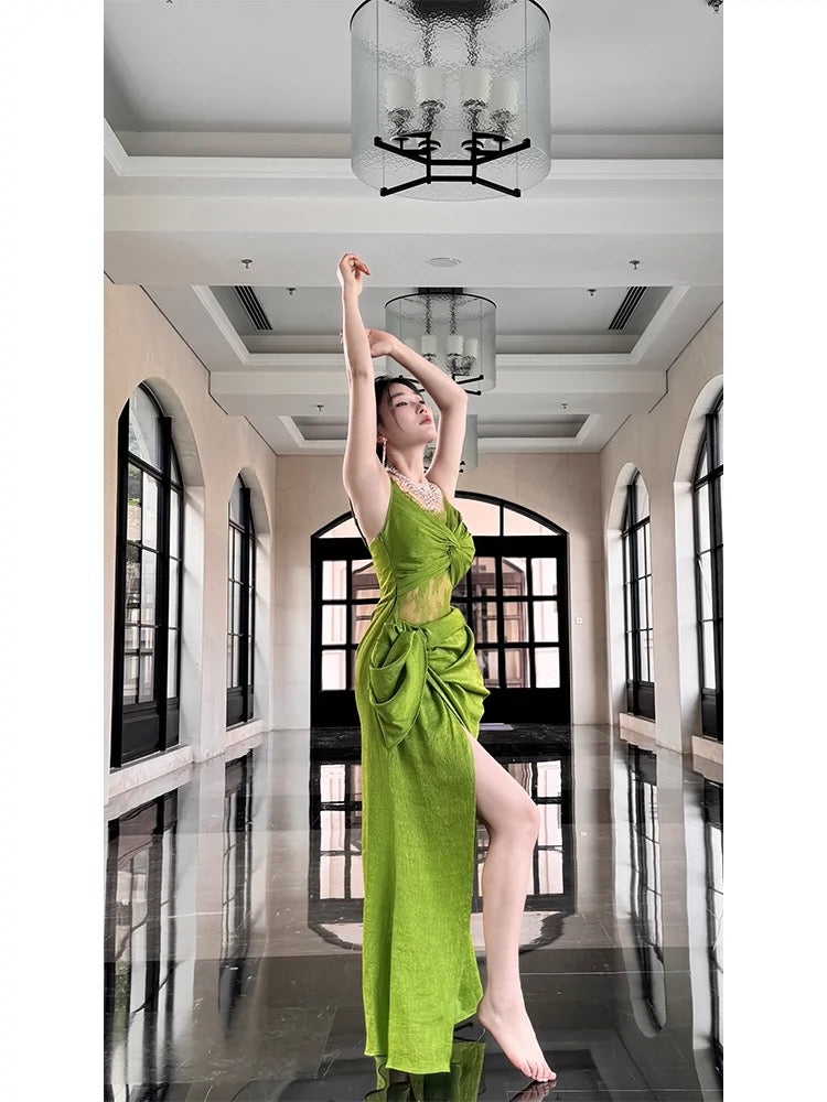 Vintage Sheath Spaghetti Straps Sleeveless Green Slit Prom Dresses Evening Dress - View 4 | VelvetHem