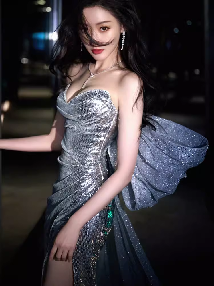 Sexy Mermaid Strapless Sequin Silver Slit Prom Dresses Long Birthday Outfits