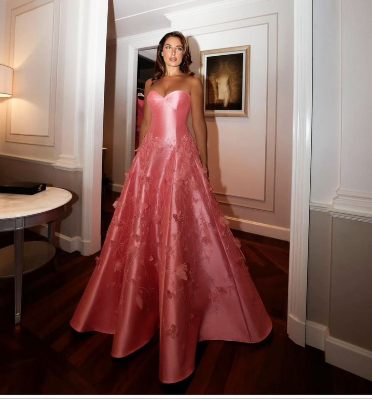 Classy A Line Sweetheart Light Pink Satin Long Prom Dresses Evening Dress With Beads Flowers - View 2 | VelvetHem