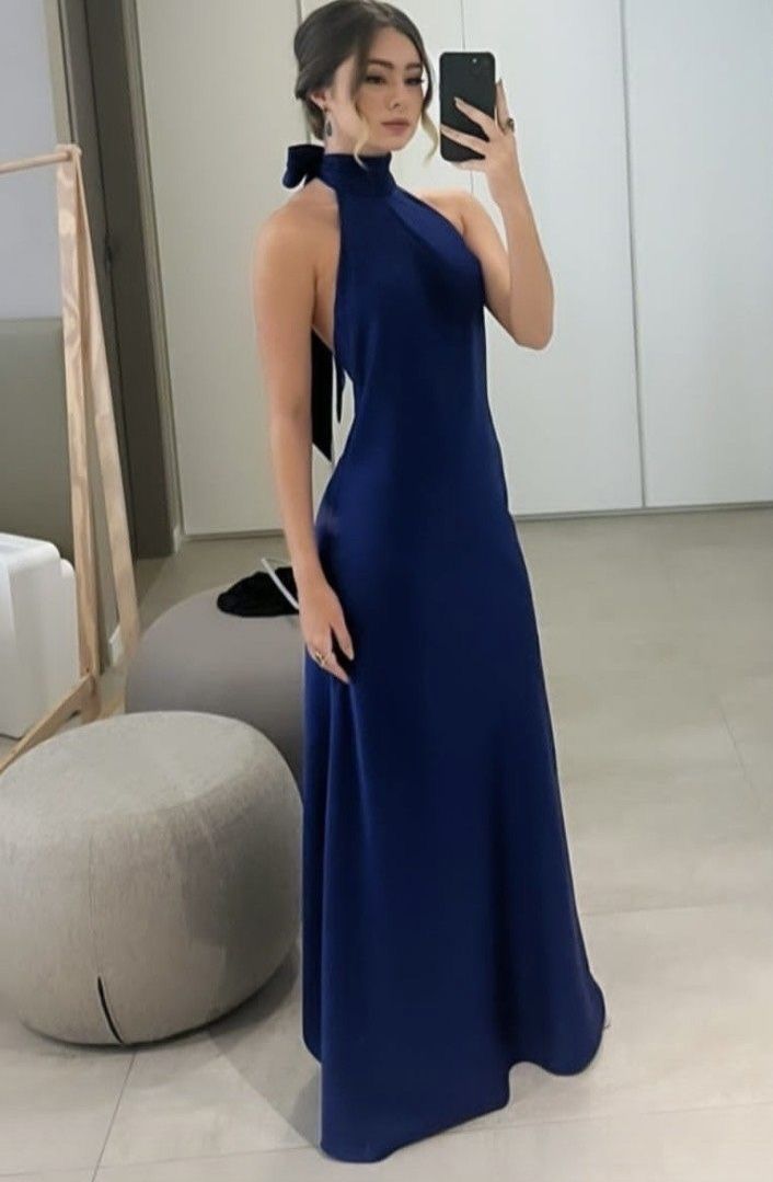Classy A line High Neckline Streachable Satin Navy Blue Long Prom Dresses Evening Dress - View 3 | VelvetHem