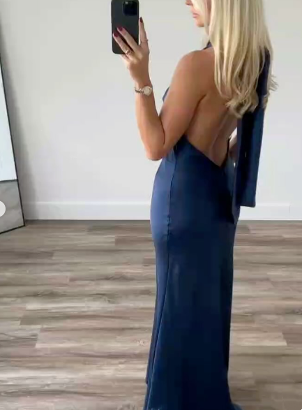Classy A line High Neckline Streachable Satin Navy Blue Long Prom Dresses Evening Dress - View 4 | VelvetHem