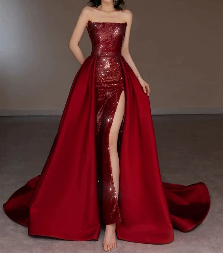 Classy Sheath Strapless Burgundy Sleeveless Long Party Dress Sequin Prom Dresses - View 4 | VelvetHem