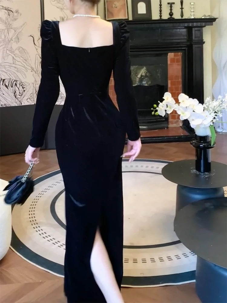 Pretty Sheath Square Neckline Black Velvet Long Sleeves Prom Dresses Formal Evening Dress - View 5 | VelvetHem