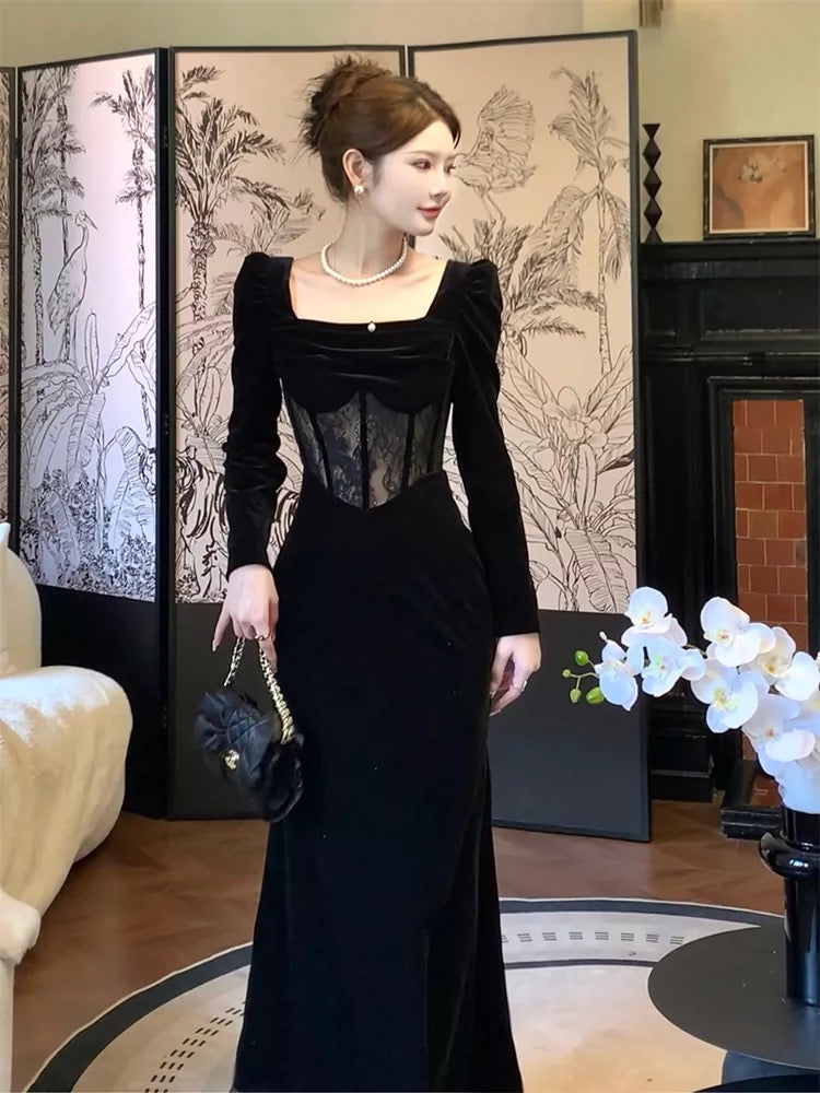 Pretty Sheath Square Neckline Black Velvet Long Sleeves Prom Dresses Formal Evening Dress