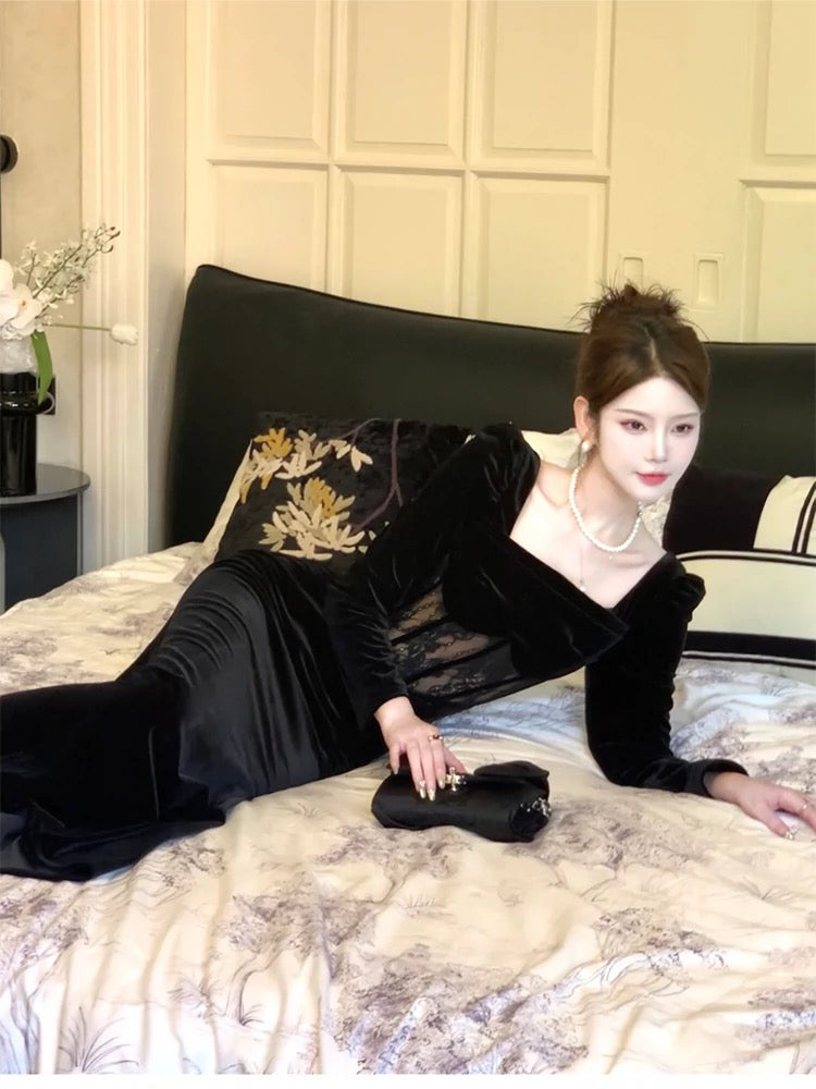 Pretty Sheath Square Neckline Black Velvet Long Sleeves Prom Dresses Formal Evening Dress - View 3 | VelvetHem