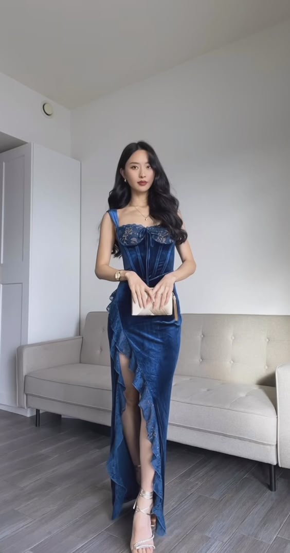 Elegant Sheath Straps Lace Ruffles Velvet Navy Blue Slit Prom Dresses Evening Dress