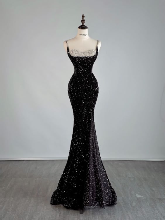 Sexy Mermaid Spaghetti Straps Black Sequin Long Prom Dresses Evening Dress With Slit