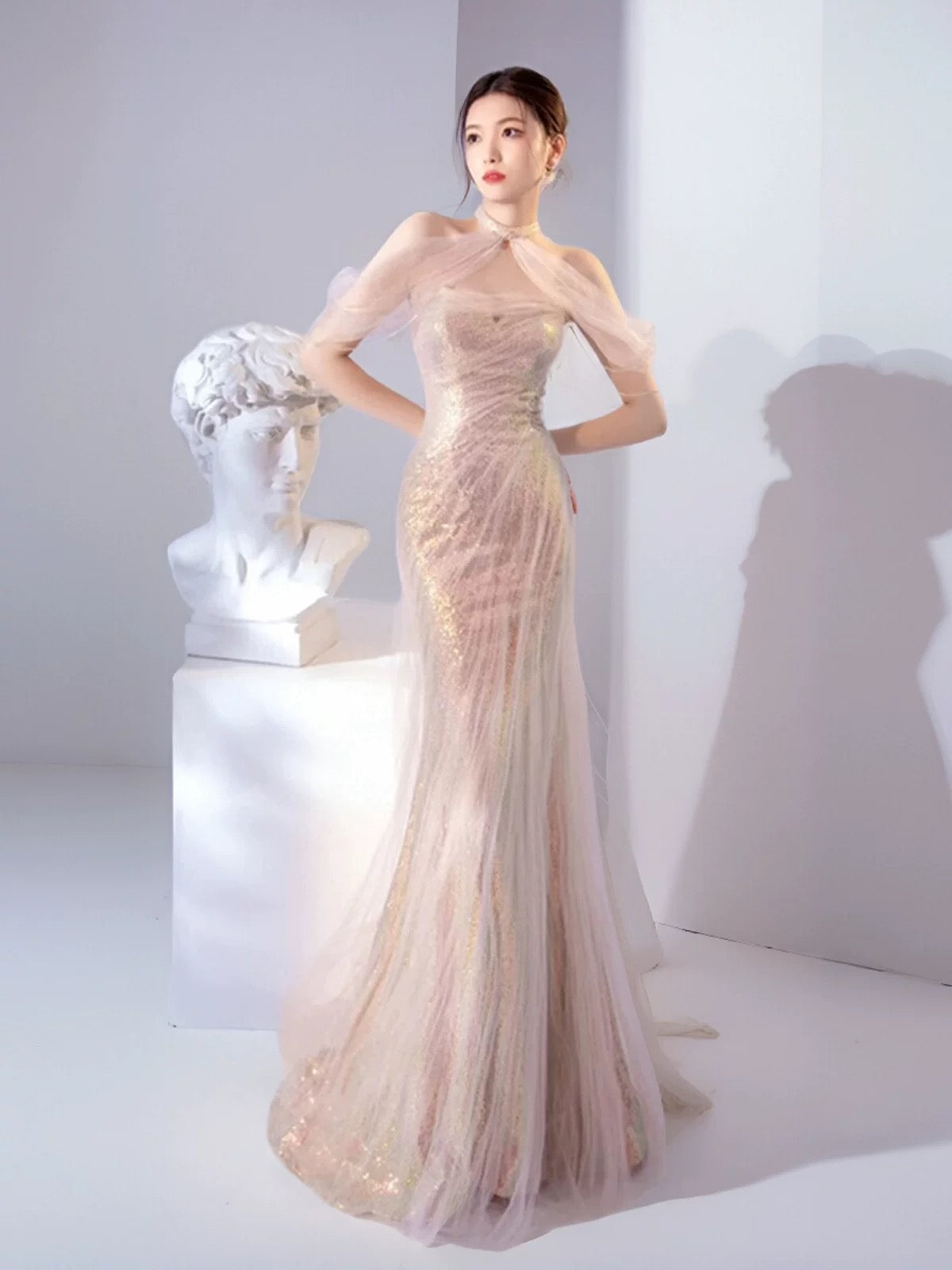 Pretty Mermaid Sweetheart Pink Sequin Prom Dresses With Ruffle Long Evening Dress