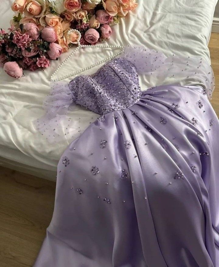 Pretty Ball Gown Strapless Long Puffy Sleeves Lilac Satin Pearls Prom Dresses Long Evening Dress