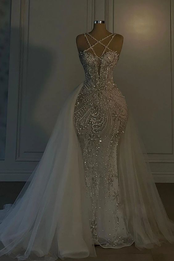 Romantic Wedding Dress Long Mermaid V Neck Spaghetti Strap With Beadings - View 2 | VelvetHem