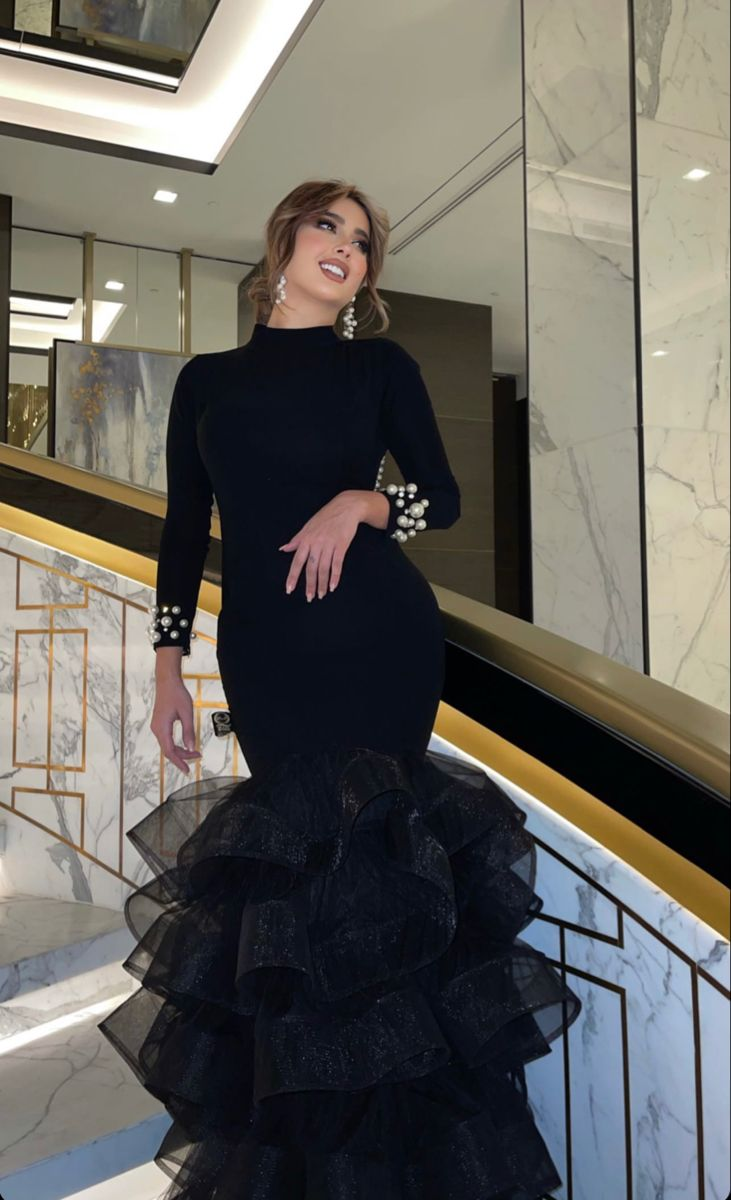 Black Evening Dress Puffy Skirt Long Sleeve Satin Mermaid Dubai Formal Evening Party Gowns Y4908 - VelvetHem