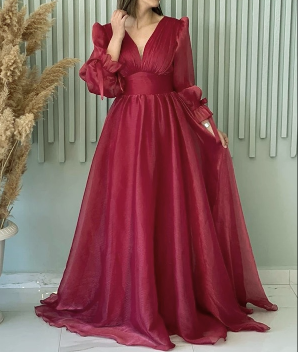 Modest A Line V Neckline Long Sleeves Hot Pink Tulle Long Prom Dresses Evening Dress
