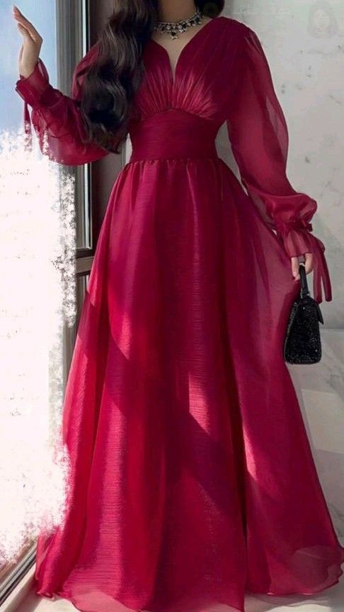 Modest A Line V Neckline Long Sleeves Hot Pink Tulle Long Prom Dresses Evening Dress