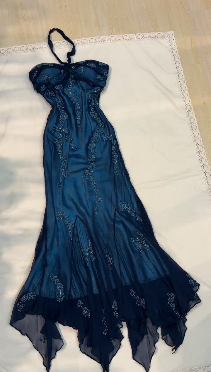 Vintage Sheath Halter Blue Chiffon Ankle Length Prom Dresses With Beads Evening Dress