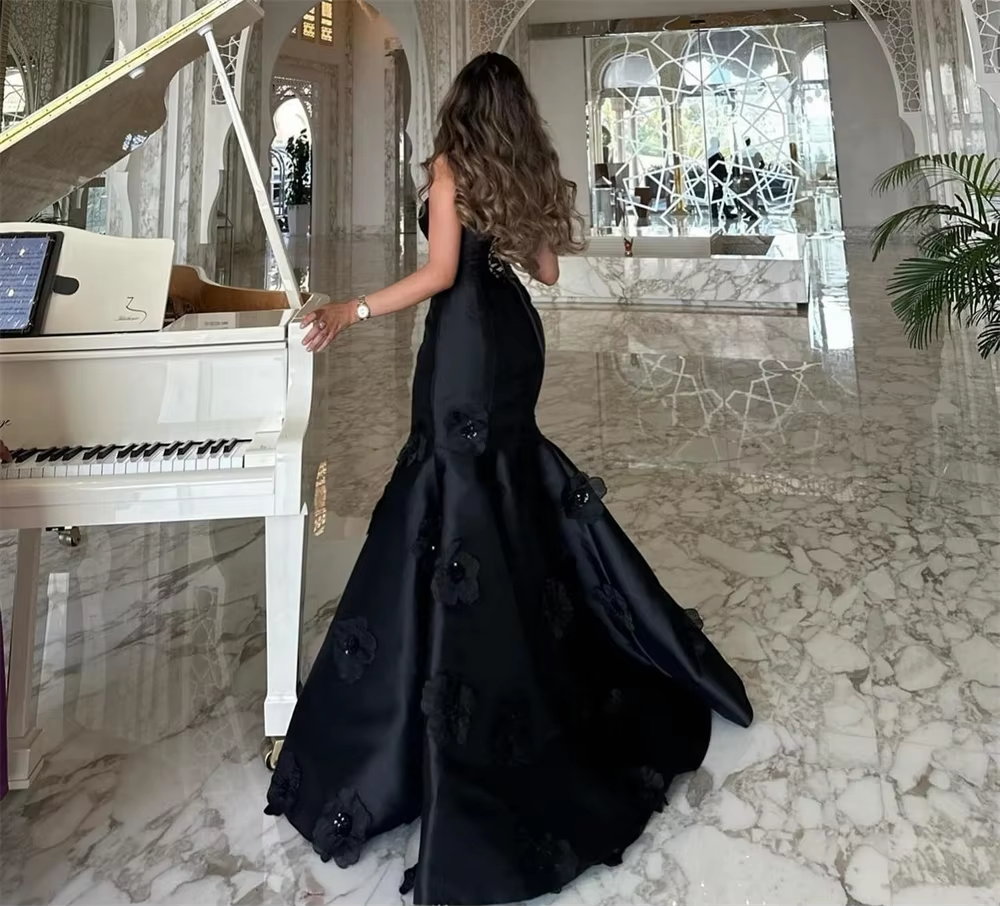 Classy Mermaid Strapless Sleeveless Satin Black Long Prom Dresses Evening Dress - View 3 | VelvetHem
