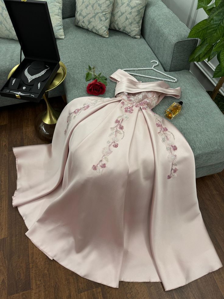Elegant A Line Off The Shoulder Satin Pink Lace Appliques Long Prom Dresses Party Dress - View 2 | VelvetHem
