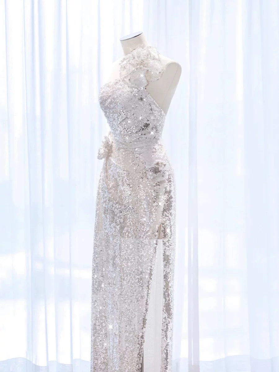 Elegant A Line One Shoulder Silver Sequin Party Dress Prom Dresses Evening Dress