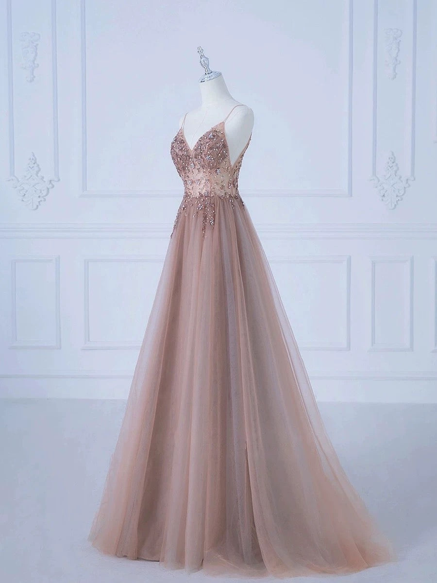 Elegant A-Line Spaghetti Straps Tulle Long Prom Dress Evening Dress