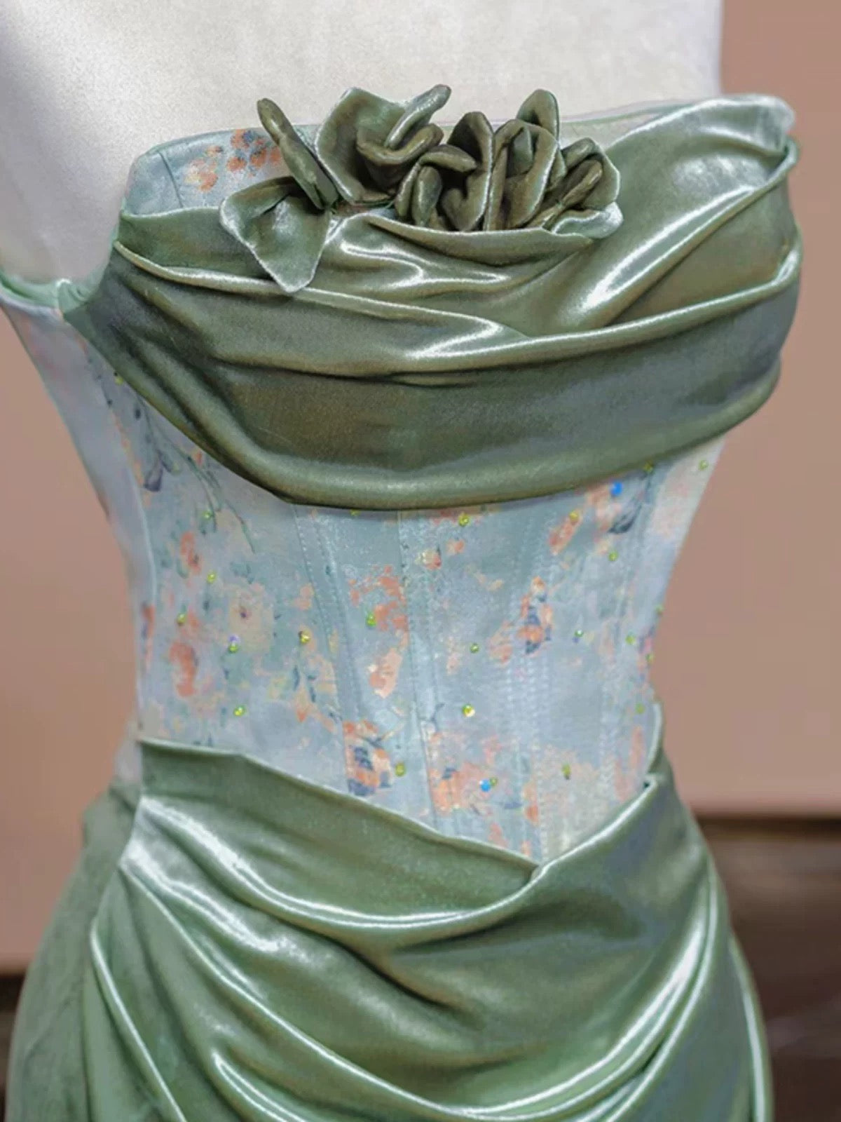 Sexy Mermaid Strapless Green Satin Evening Dress Long Prom Dresses Party Dress With Ruffles