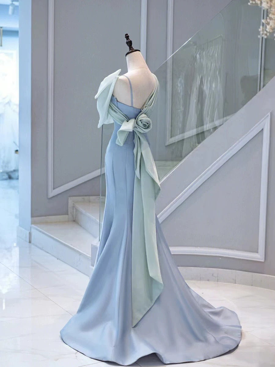 Elegant Mermaid One Shoulder Light Sky Blue Satin Bow Long Prom Dress Evening Dress