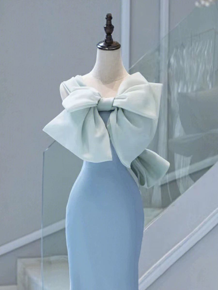 Elegant Mermaid One Shoulder Light Sky Blue Satin Bow Long Prom Dress Evening Dress