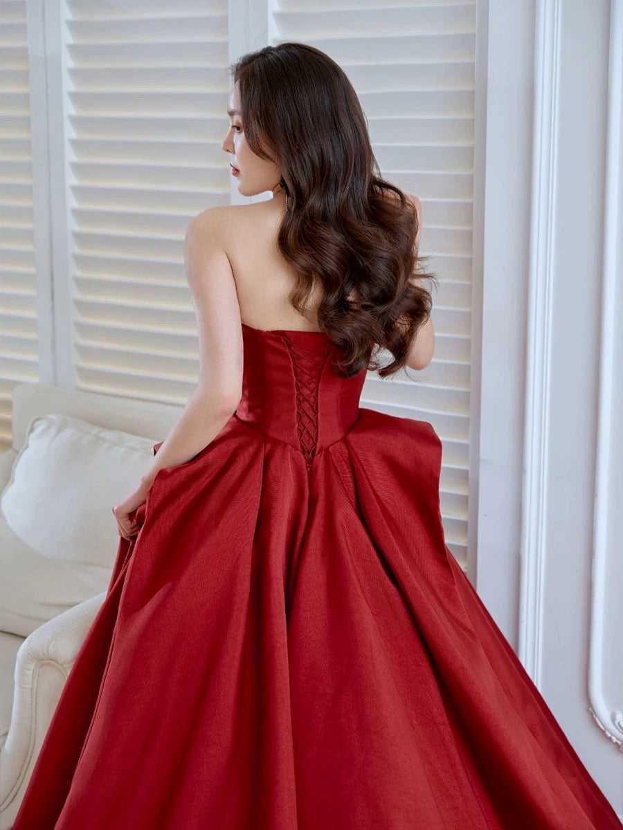 Elegant Ball Gown Strapless Burgundy Satin Long Prom Dress Evening Dresses - View 3 | VelvetHem