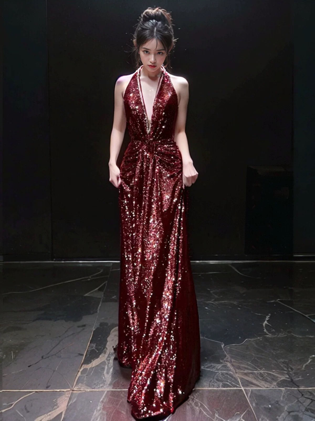 Sexy Mermaid V Neckline Burgundy Sequin Prom Dresses Evening Dress With Beads - View 2 | VelvetHem