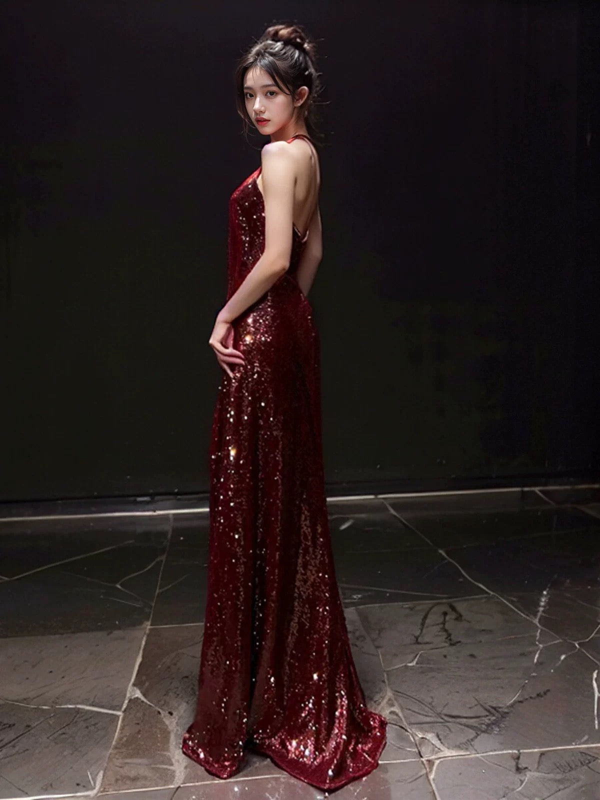 Sexy Mermaid V Neckline Burgundy Sequin Prom Dresses Evening Dress With Beads - View 5 | VelvetHem