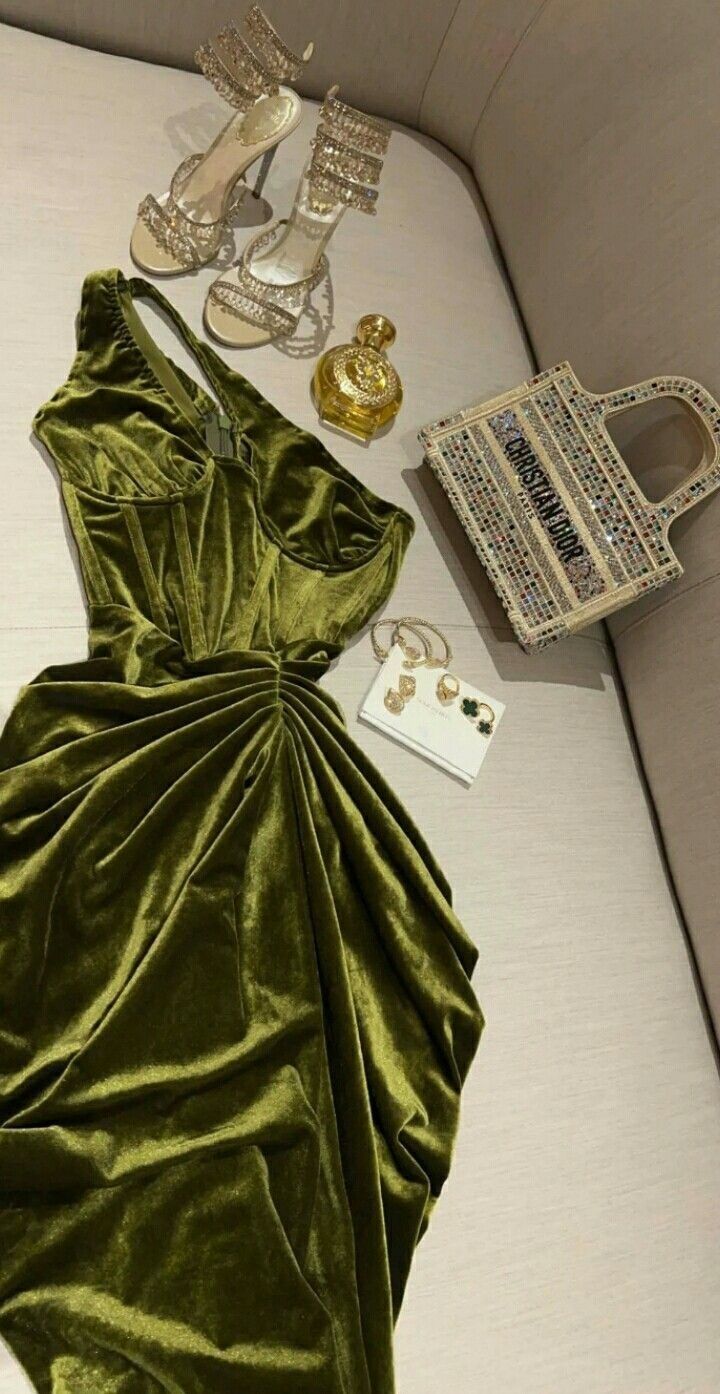 Elegant Sheath One Shoulder Olive Green Velvet Long Prom Dress Evening Dresses With Ruffles