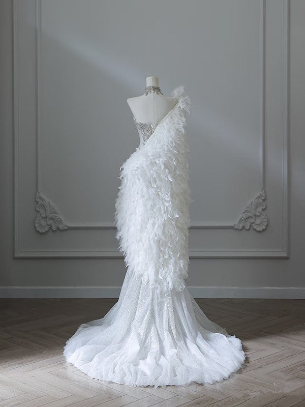 Vintage Mermaid Strapless White Tulle Long Wedding Dresses With Beads