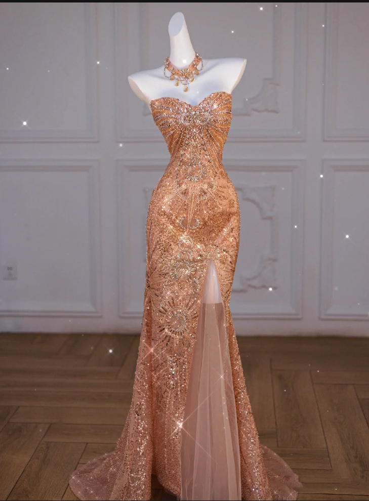 Sparkly Mermaid Sweetheart Sequin Long Slit Gold Evening Dress Prom Dresses With Beads